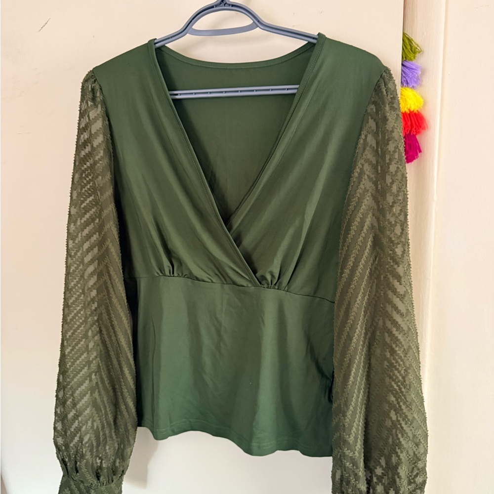 SHEIN Deep Green Blouse with Sheer Sleeves